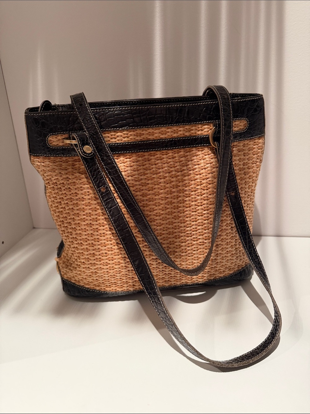 Brahmin Tan Woven Shoulder Bag with Black Trim